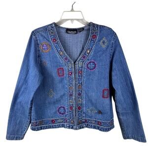 Boho Core Embroidered Denim Jacket Medium Indie Y2K Hippie Style
